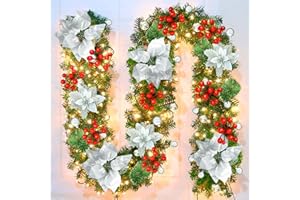 TIMIYOU Pre-lit Artificial Christmas Garland, Green Rattan with Silver Flower Decorations and Battery Operated LED Lights for Home Stairs Fireplace Front Porch Door Display Indoor Outdoor Christmas Decor -9FT