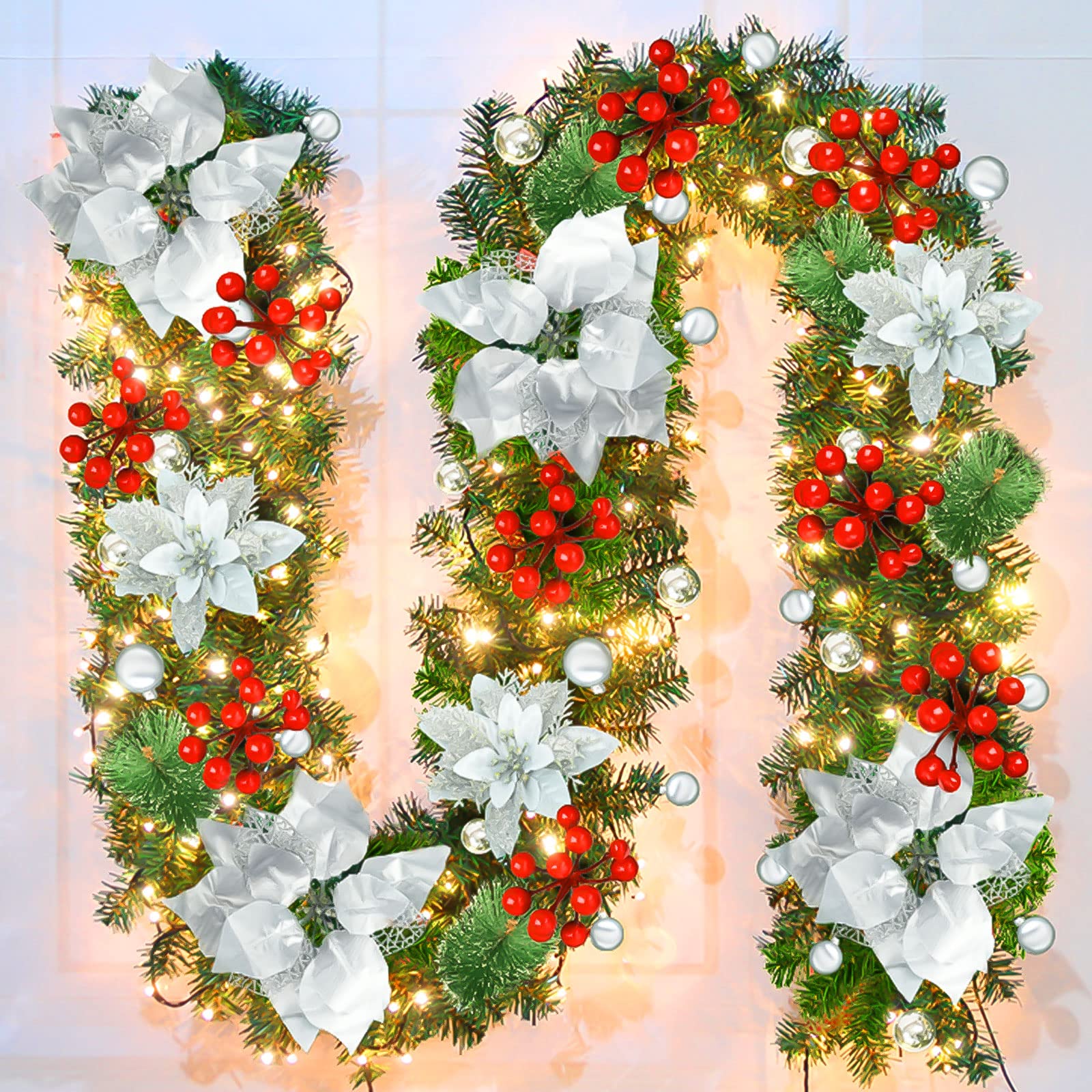 Photo 1 of Pre- Artificial Christmas Garland, Green Rattan with Silver Flower Decorations and Battery Operated LED Lights for Home Stairs Fireplace Front Porch Door Display Indoor Outdoor Christmas Decor -9FT