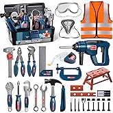 Deejoy Kids Tool Set with Electronic Toy Drill & Construction Vest Pretend Play Toys for 3 4 5 6 Year Old Boys, ABS Plastic Repair Toolkit with Large Storage Box (Blue)