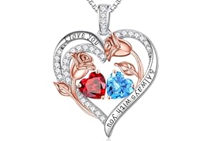 Iefil Birthstone Necklace for Women - 925 Sterling Silver Rose Heart Birthstone Necklace Birthday Gifts for Women Anniversary Jewelry Gifts for Her Wife Mom Daughter