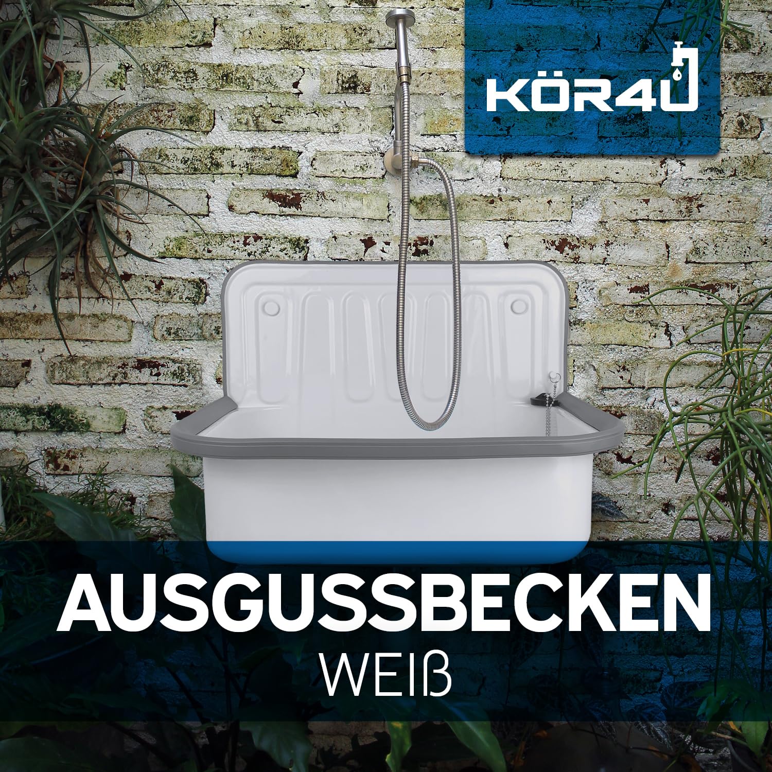 kör4u Ausgussbecken weiß 50cm, aus robustem Stahl für Keller, Waschküche, Garten, Spülbecken, inkl. Abflussstopfen 2