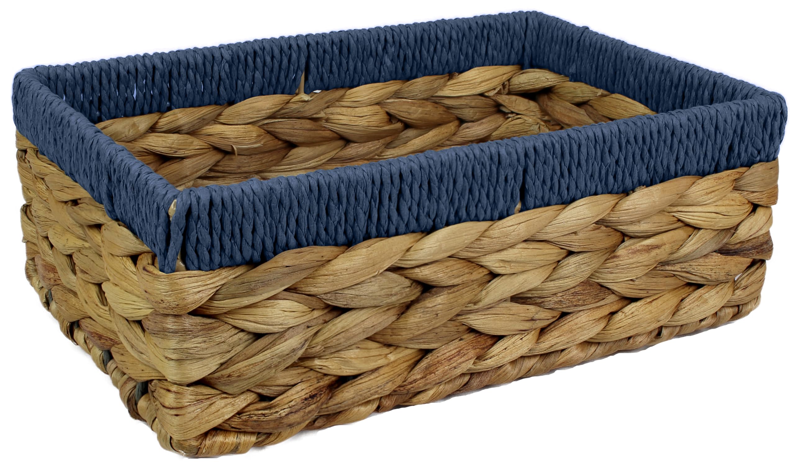 Rectangular Water Hyacinth Small baskets for storage Natural and Blue wicker basket shelves open Decorative gift box Small bathroom mini tray makeup bathroom Kitchen organiser (1, Medium 28cm)