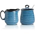 Hasense Porcelain Sugar and Creamer Set,11 Ounce Sugar Bowl with Lid and Spoon,10 Ounce Cream Pitcher,Farmhouse Coffee Sets for Serving,Dishwasher Safe(Blue)