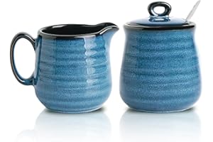 Hasense Porcelain Sugar and Creamer Set,11 Ounce Sugar Bowl with Lid and Spoon,10 Ounce Cream Pitcher,Farmhouse Coffee Sets for Serving,Dishwasher Safe(Blue)