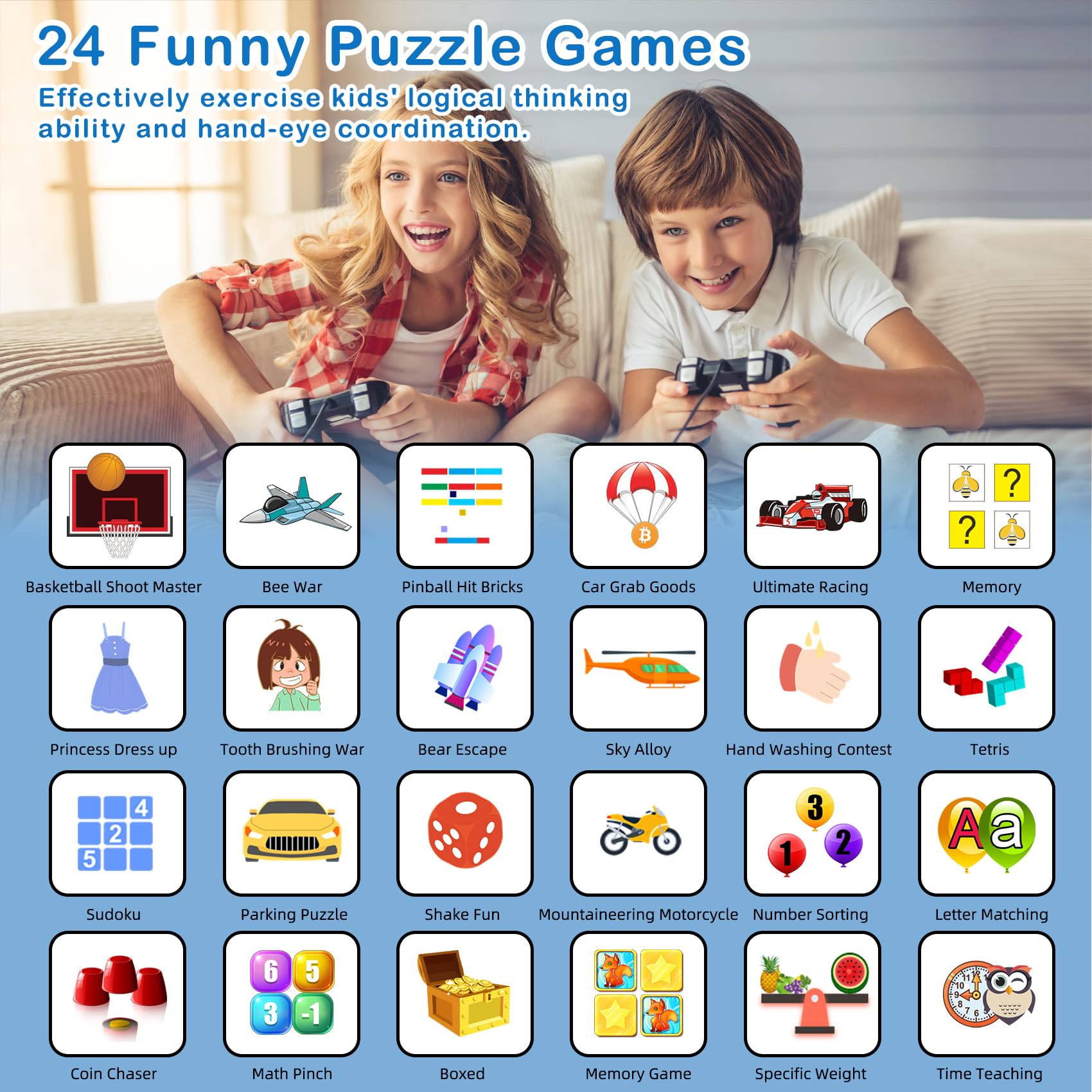 Kids Watch with 24 Puzzle Games, HD Touch Screen Smart Watches for Kids with Camera Video Music Player Pedometer Flashlight Alarm, 12/24hr Watch for Boys, for Boys 3-12, Blue