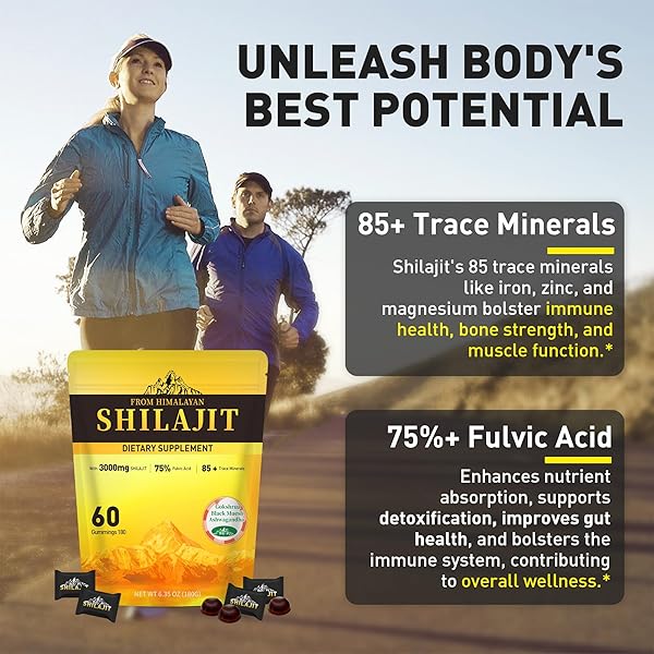 PURE HIMALAYAN SHILAJIT GUMMIES 3000MG WITH 85+ TRACE MINERALS & FULVIC ACID, 100% NATURAL&ORGANIC, NO ADDED SUGAR, LAB TESTED, GOLD GRADE SHILAJIT GUMMIES FOR MEN & WOMEN, INDIVIDUALLY PACKAGED