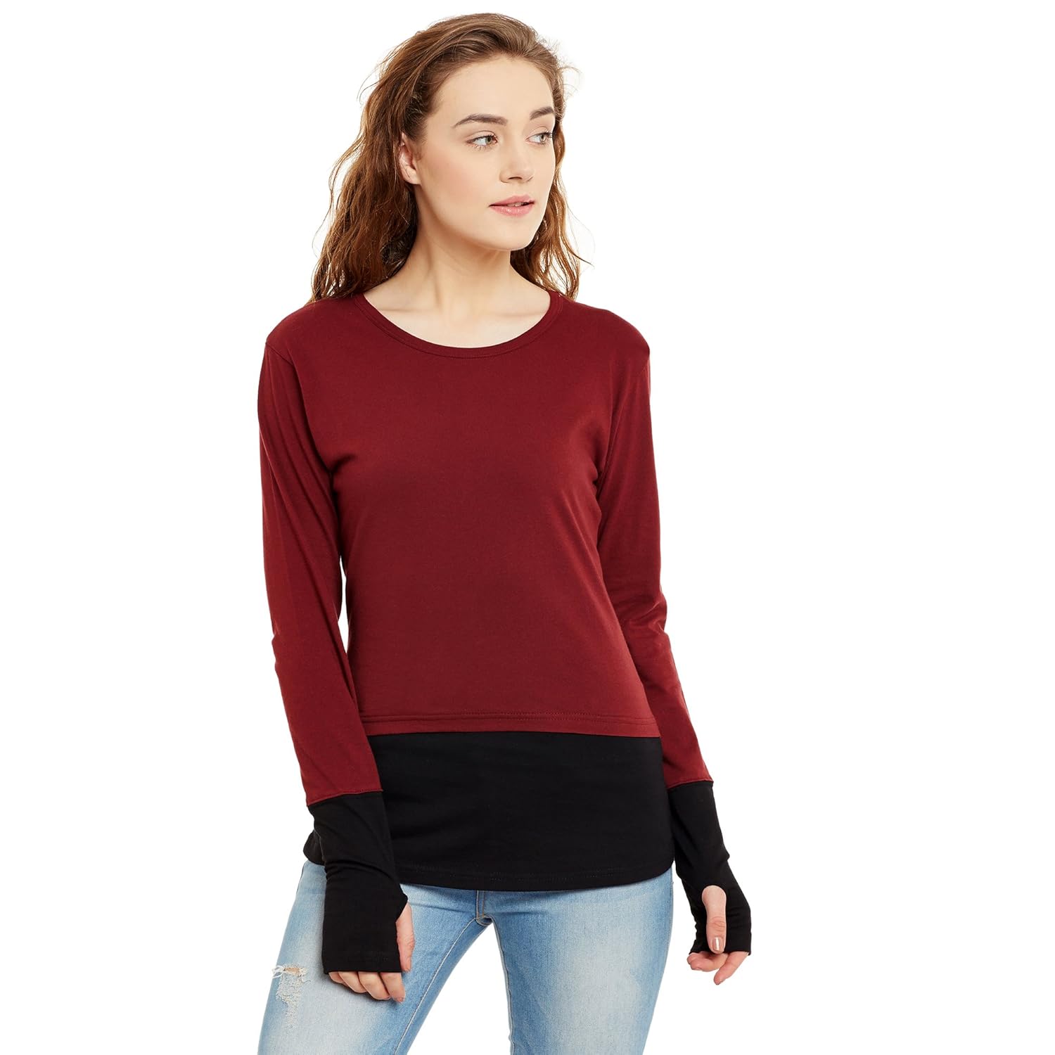 hypernation maroon and black color round neck thumb insert cotton t-shirt for women