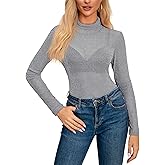 AISEW Womens Mesh Sheer Long Sleeve Glitter Tops Sexy See Through Sparkly Shirts Turtleneck Layering Top Shirt