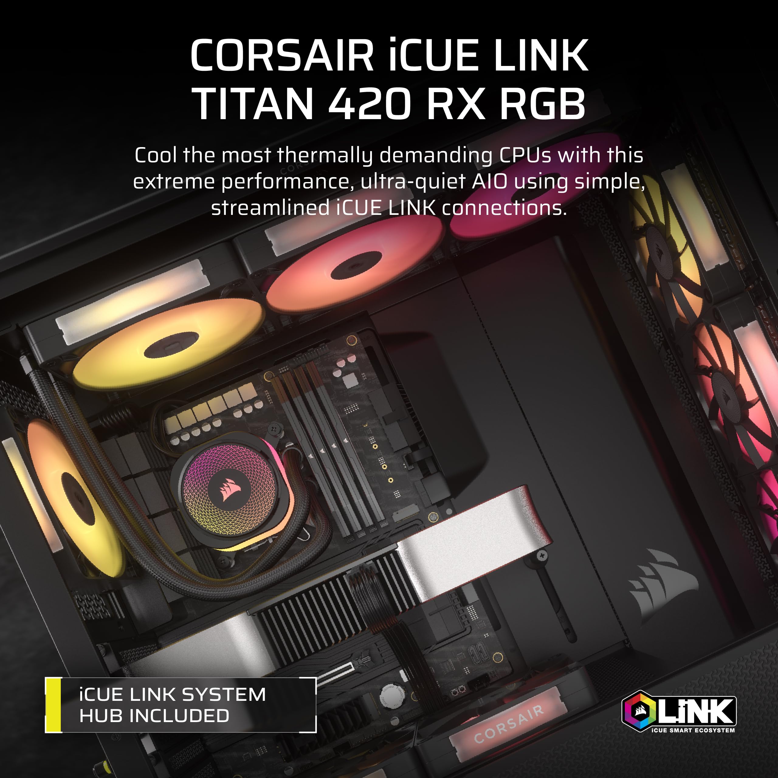 Corsair iCUE Link Titan 420 RX RGB Liquid CPU Cooler – 420mm AIO – Low-Noise – FlowDrive Cooling Engine – Intel LGA 1851/1700, AMD AM5/AM4 – 3X RX140 RGB Fans – iCUE Link System Hub Included – Black
