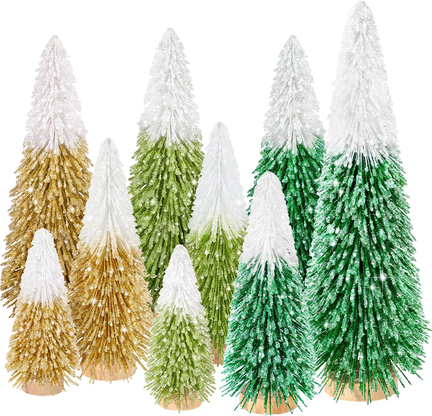 Trees - 9pcs Mini Glitter Christmas Trees, Artificial Christmas Decor Small Bottle Brush Trees Tabletop, Christmas Decoration Skinny Trees with 4 Size Xmas Holiday Decor (9pcs Green+Dark Green+Golden)