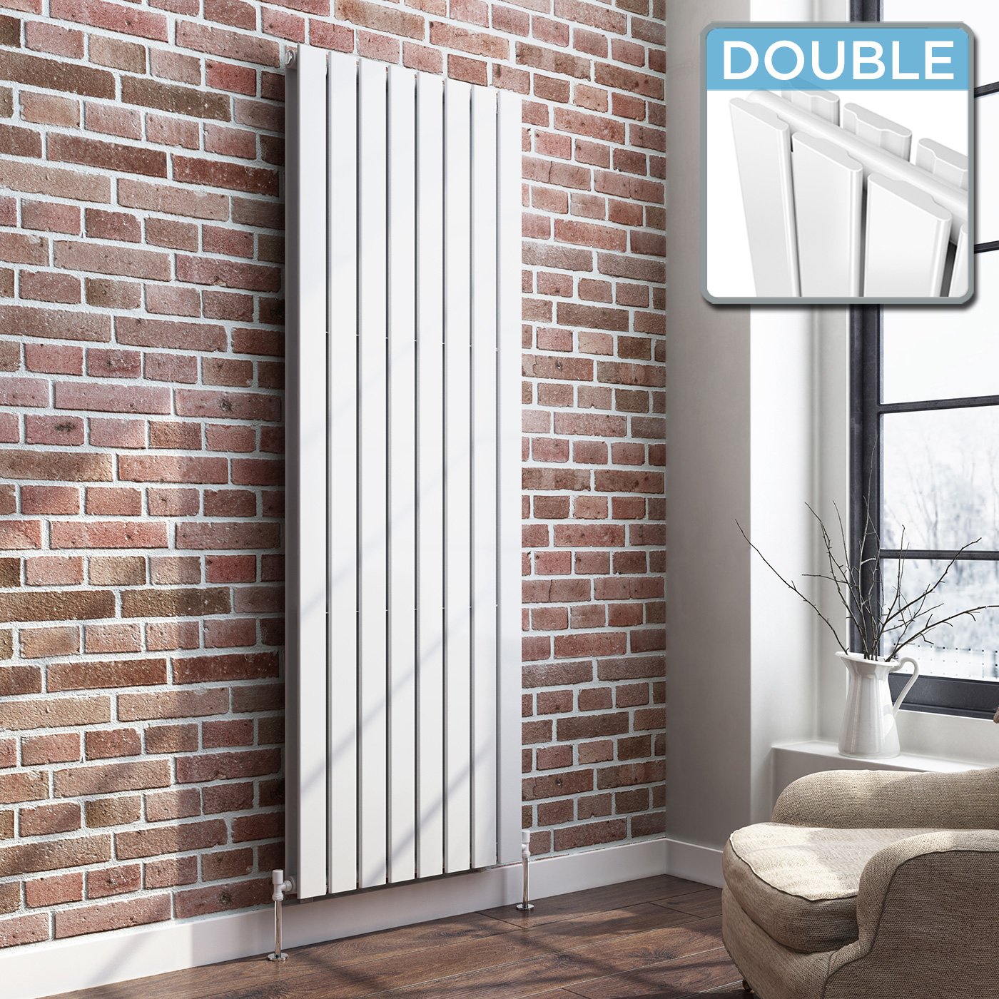 iBathUK 1800 x 608 Vertical Column Designer Radiator White Gloss Double Flat Panel iBathUK
