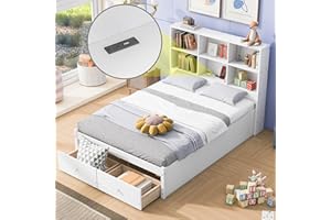 CITYLIGHT Full Size Bed Frame with Bookcase Headboard and 2 Drawers, Wood Full Size Platform Bed with Charging Station for Kids Teens Adults, No Box Spring Needed, White
