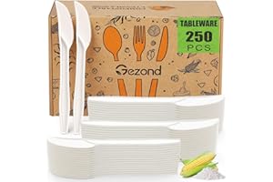 Gezond Compostable Knives 250 Pack White Heavy-Duty Knives Disposable Cutlery Set 7.1 Inch Biodegradable Utensils for Party S