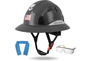 DS-SMAAT Structure Full Brim Hard Hat with Glasses and Cooling Towel Adjustable Ventilation Reflective Helmet ANSI Z89.1 Type OSHA Approved 6 Point Hanging Helmet for Industrial