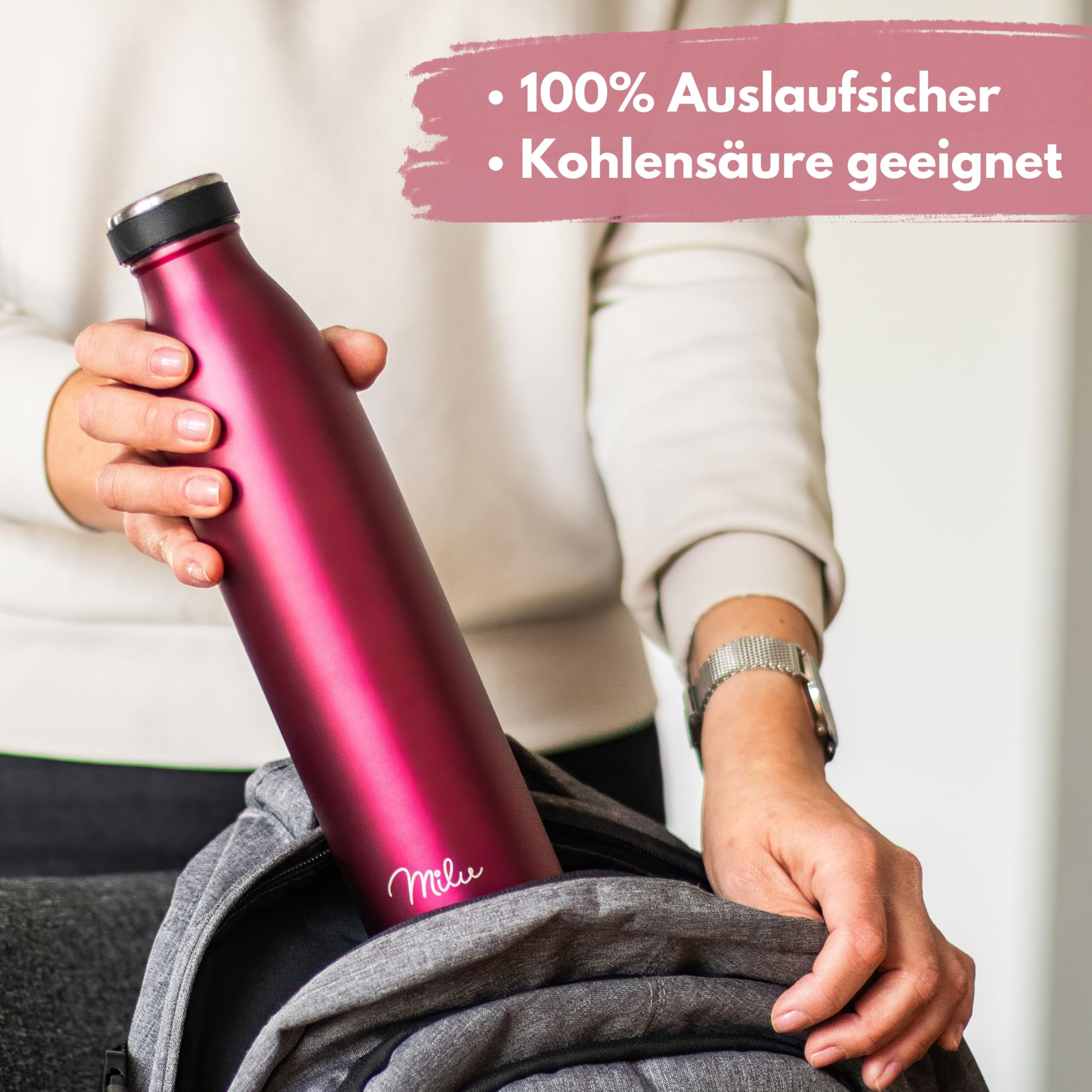 Milu Edelstahl Trinkflasche 350ml 500ml 750ml 1L 1,5L Thermosflasche, Isolierte Wasserflasche, Auslaufsichere Isolierflasche doppelwandig, Kohlensäure geeignet – inkl. Reinigungsbürste (Berry, 1000ml) 3