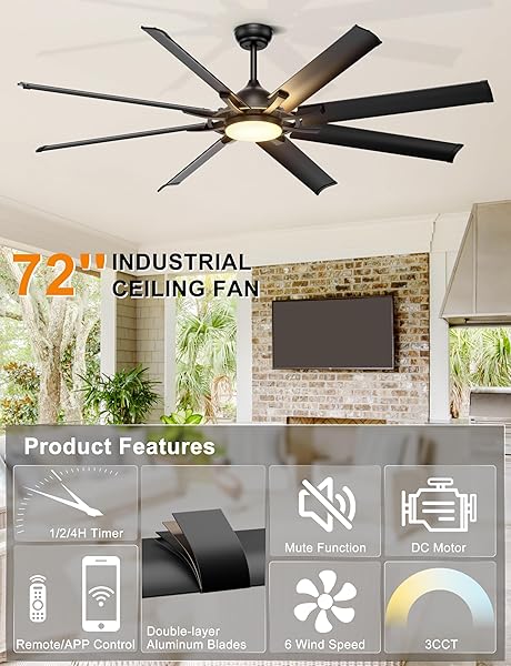 OHNIYOU 72 INCH INDUSTRIAL CEILING FAN WITH LIGHTS REMOTE CONTROL, BLACK LARGE CEILING FAN WITH 8 ALUMINUM BLADES, 3 CCT, 6-SPEED QUIET DC MOTOR FOR LIVING ROOM, COVERED OUTDOOR, SHOP, GARAGE