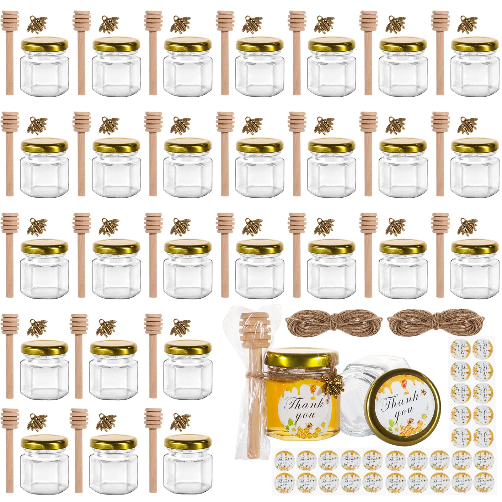 EkkoVla 30 Pack 1.5 Oz Hexagon Glass Mini Honey Jars With Wooden Dipper, Small Honey Jars, Golden Lids, 30 Bee Pendants, Jute - 16m, 35 Bee Stickers, 30 Tags For Wedding - View #9