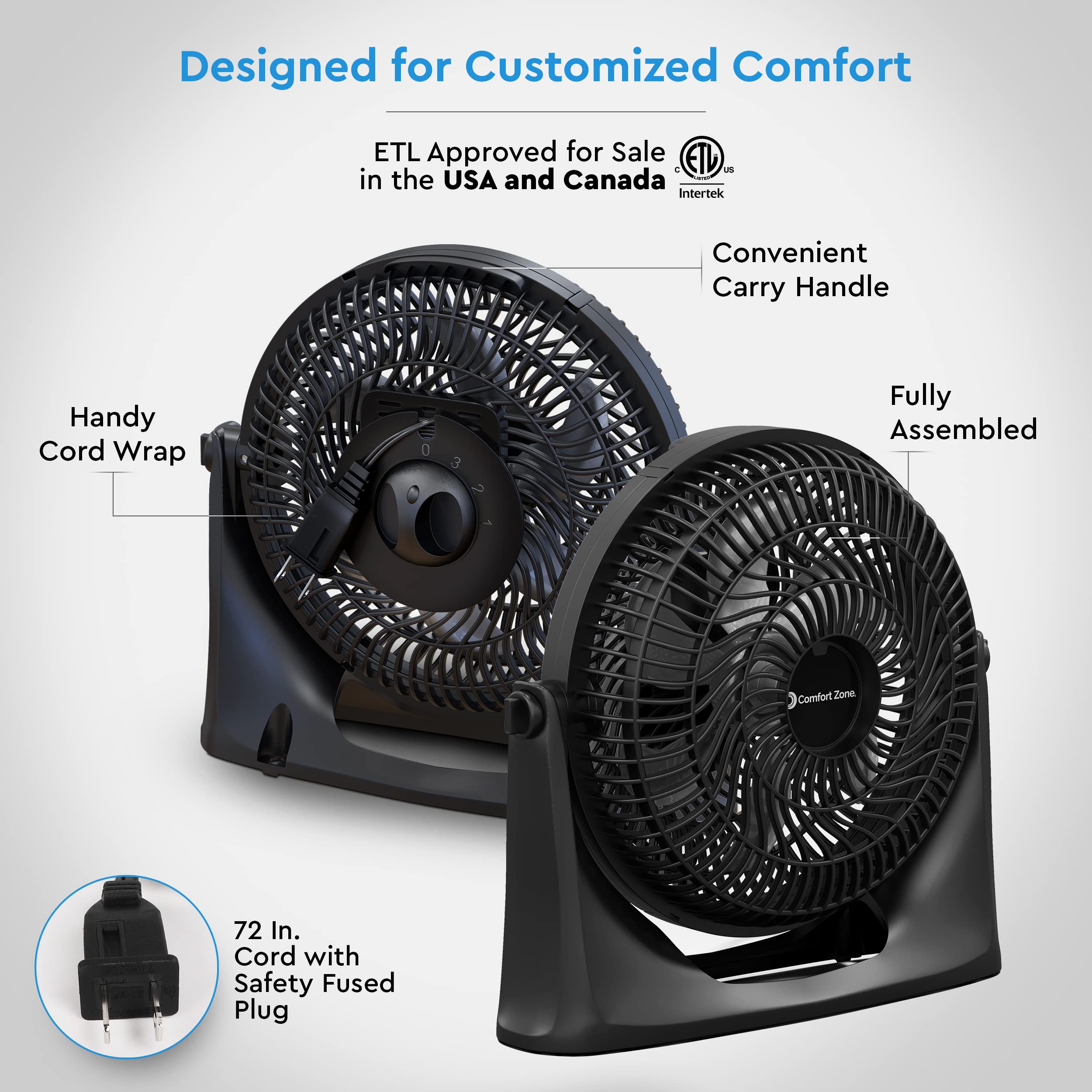 Comfort Zone PowrCurve Floor Fan with Wall-Mounting Capabilities, 9 inch, 3-Speed, 180 Degree Adjustable Tilt, 6 Blades, Ideal for Home, Bedroom & Office (Bracket Included), CZHV101BS