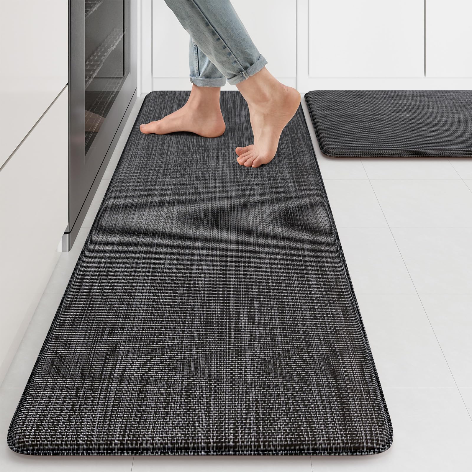 Photo 1 of KIMODE Anti Fatigue Kitchen Mats 17"x47"+17"x29", Dark Grey Farmhouse Kitchen Rugs Sets of 2, Paded Kitchen Floor Mats, Textilene Kitchen Mat for Floor Non Slip, Standing Mat for Laundry Sink Desk