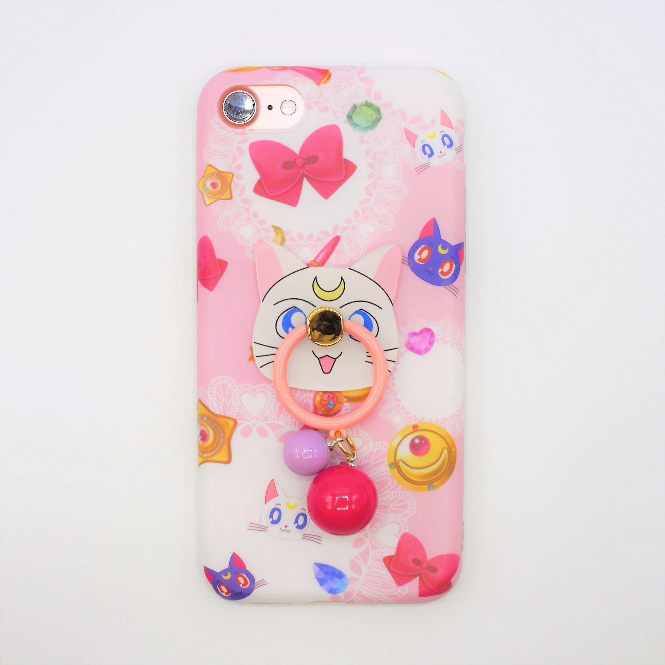 iPhone 8 Case, iPhone 7 Case, LittleTaoTao Cute 3D Japanese Cartoon Pattern Sailor Moon Crystal Luna Cat with Kawaii Pink Purple Ball Ring Holder Soft Protective TPU Case for iPhone 8, iPhone 7 4.7"