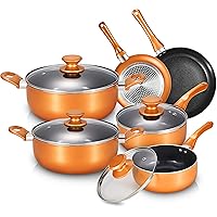 10 Pieces Pots and Pans Set,Aluminum Cookware Set, Nonstick Ceramic Coating, Fry Pan, Stockpot with Lid, Copper and…