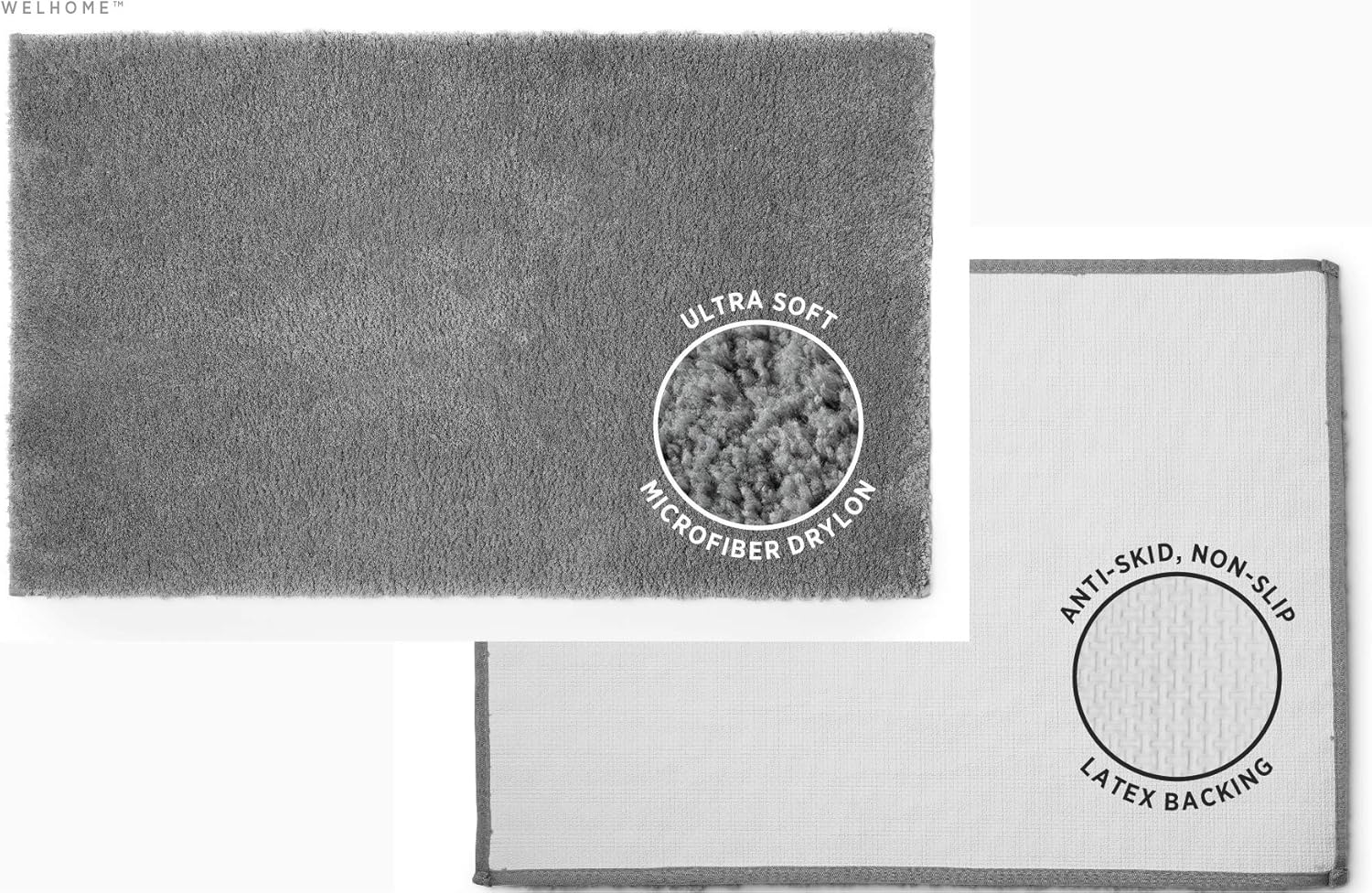 Welhome 100% Microfiber Drylon Non Slip Bath Rug - Latex Backing - Ultra Absorbent - Quick Dry - Soft - Durable - Hotel Spa Bathroom Collection - 17"x 24", 21"x 34" - Gray: Kitchen & Dining