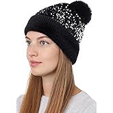 Babalet Winter Beanie Hats for Women Velvet Sequined Slouchy Skull Warm Fuzzy Pompon Cap Outdoor Windproof Ski Knit Cap