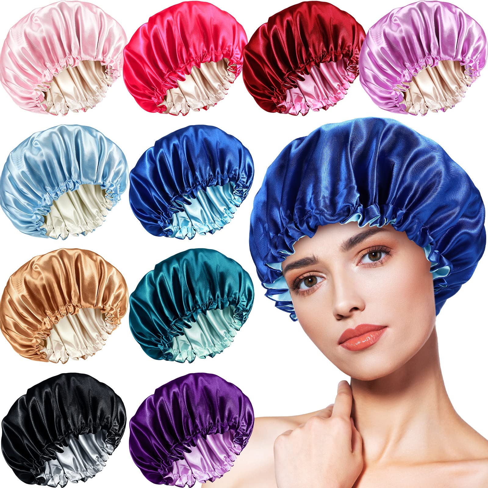 Photo 1 of 10 Pcs Satin Silk Bonnet for Sleeping Hair Bonnets for Women Curly Natural Hair Double Layer Reversible Adjustable Large Sleeping Caps with drawstring for Protection, 10 Colors