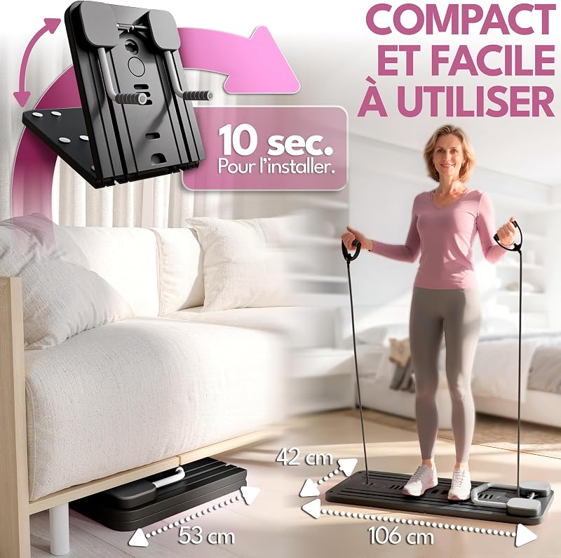 Reformer Pilates Pliable avec Accessoires & Guide 10 Exercices – Pilates Reformer Machine, Pilates Board / Planche Pilates, Mini Reformer Pilates, Appareil de Sport Maison (Noir)