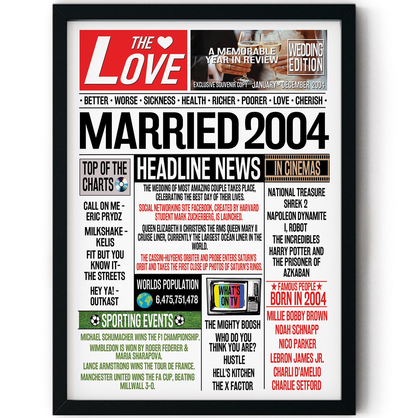 Stuff4 22nd Anniversary Poster Framed - Married In 2004 Newspaper - Happy 22nd Wedding Anniversary for Men Women Vintage Gifts Retro Back In 2004, 8x10 Inch Anniversaries Posters