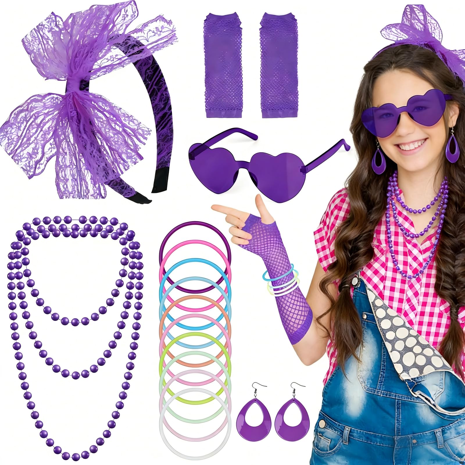 Kareeran 80s Fancy Dress for Women Girls, 17Pcs Ladies 80s Accessories, 90s Retro Headbands Earrings Fishnet Gloves Sunglasses for Dress Up Party
