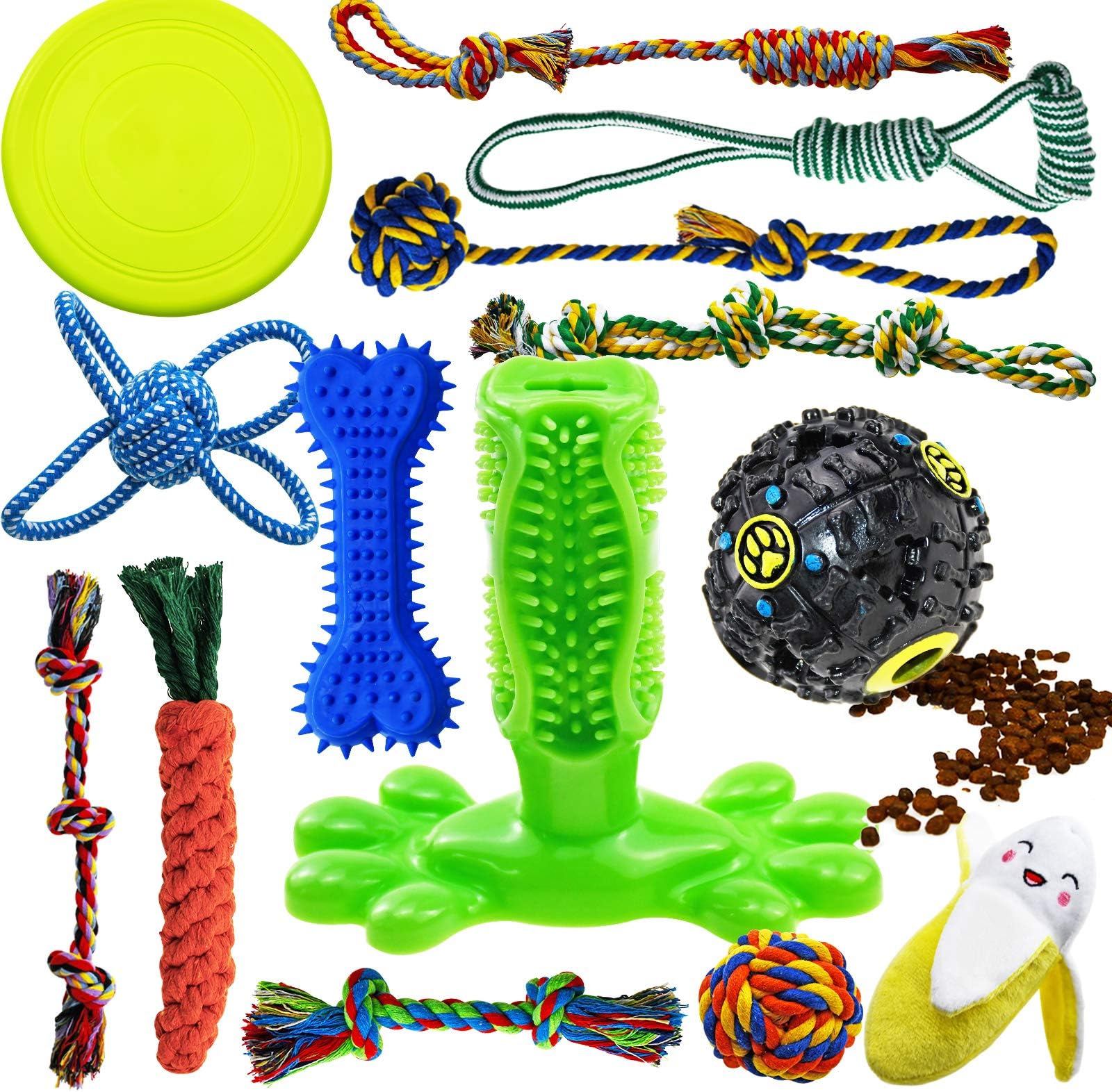 Dog Chew Toys for Puppies Teething, 14 Pack Dog Rope Toys Tug of War Dog Toy Bundle Toothbrush iq Treat Ball Squeaky Rubber Bone Durable Dog Chew Toys for Small Dogs Pet Toys Puppy Toys