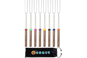 CORQUE Marshmallow Roasting Sticks, Smores Sticks, Extendable, Camping Skewer for Fire Pit, Wooden Handle, 32inch Metal for BBQ Hotdog, Cooking, Campfires, Bonfires, Set of 8