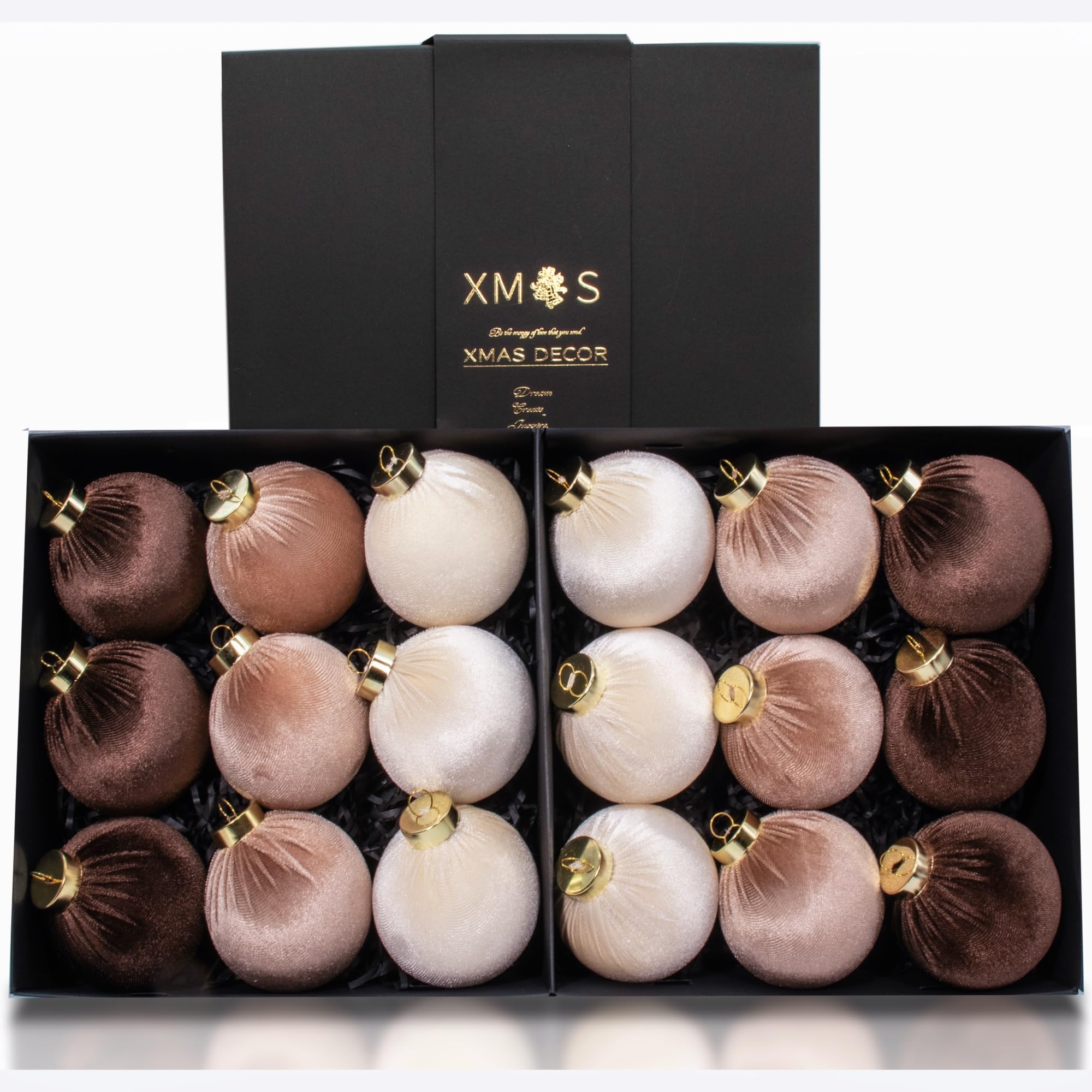 Photo 1 of 18PCS Velvet Christmas Ornaments – Large Matte Flocked Shatterproof Baubles for Xmas Tree Decoration, Neutral Hanging Ornaments for Holiday Home Décor (Dark Light Brown, Cream White, 3 Inch / 8 cm)