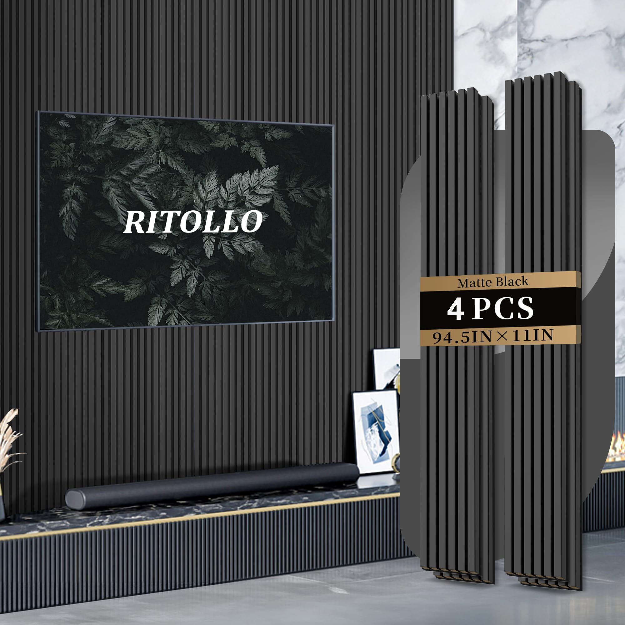 Photo 1 of ****MINOR BENT IN THE MIDDLE*** RITOLLO 4-Piece Wood Slat Panels for Wall 94.5"×11" Acoustic Panels for Interior Wall Decor 3D Fluted Sound Absorbing Panel - Mattle Black