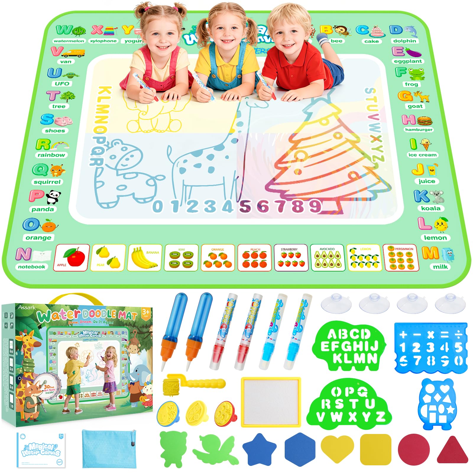 Water Doodle Mat -Aqua Magic Drawing Mat No Mess Painting Coloring Board with 4 Suction Cups & 1 Storage Bag & 6 Magic Pens, Toddler Toys Educational Birthday Gifts for 2 3 4 5 6 Year Old Boys Girls