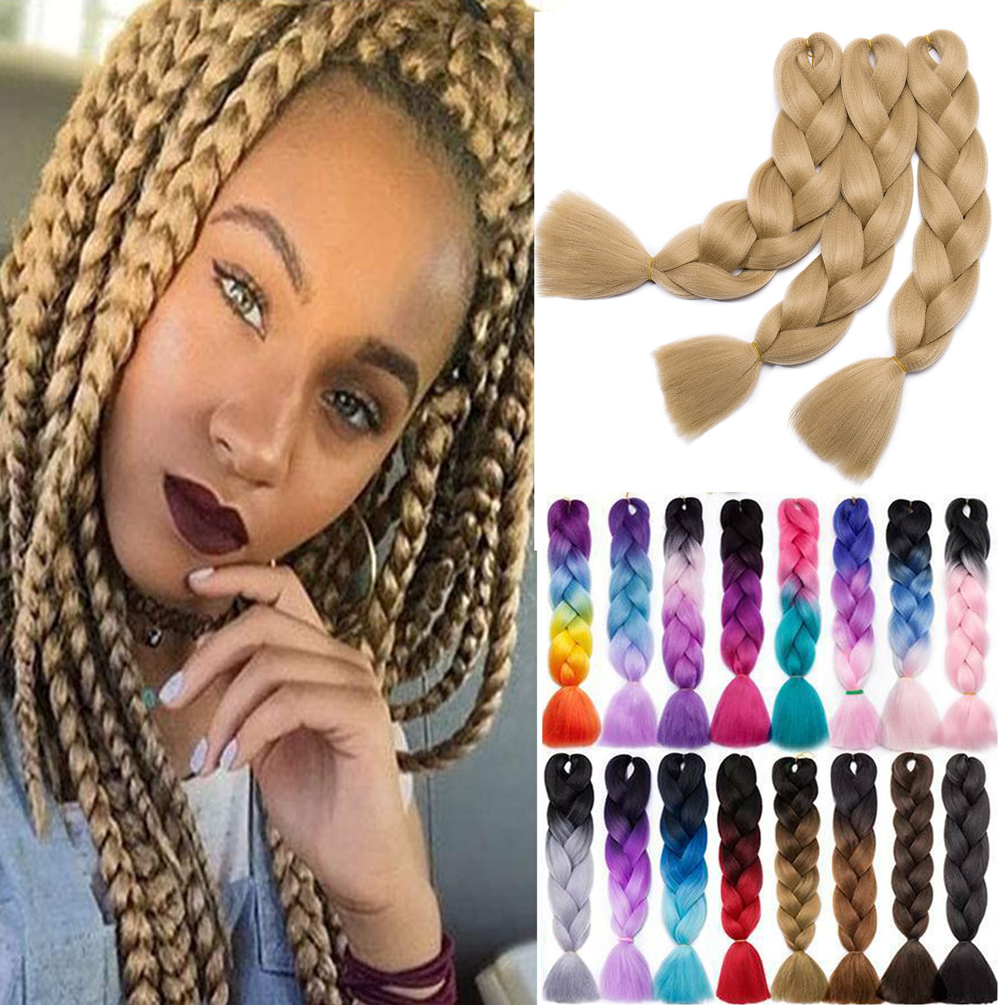 Jumbo Braiding Hair 24 inch Ombre Braid Hair Extensions Jumbo Box Braids Crochet Hair Long Rainbow Colorful for Women Kids DIY High Temperature Synthetic Fiber 5 Bundles Ash Blonde