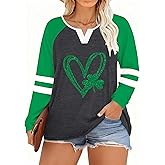 NQIQO Plus Size St Patricks Day Shirt Women Long Sleeve Irish Shamrock Shirts St Pattys Day V Neck Raglan Tops 2XL-5XL