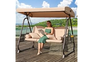 Yalissey 3 in 1 Outdoor Porch Swing with Adjustable Canopy, 3 Seat Outdoor Swing for Adults, Patio Swing Chair with Thickened Cushions,Pillows & Cup Holders for Backyard, Porch, Garden (Khaki)
