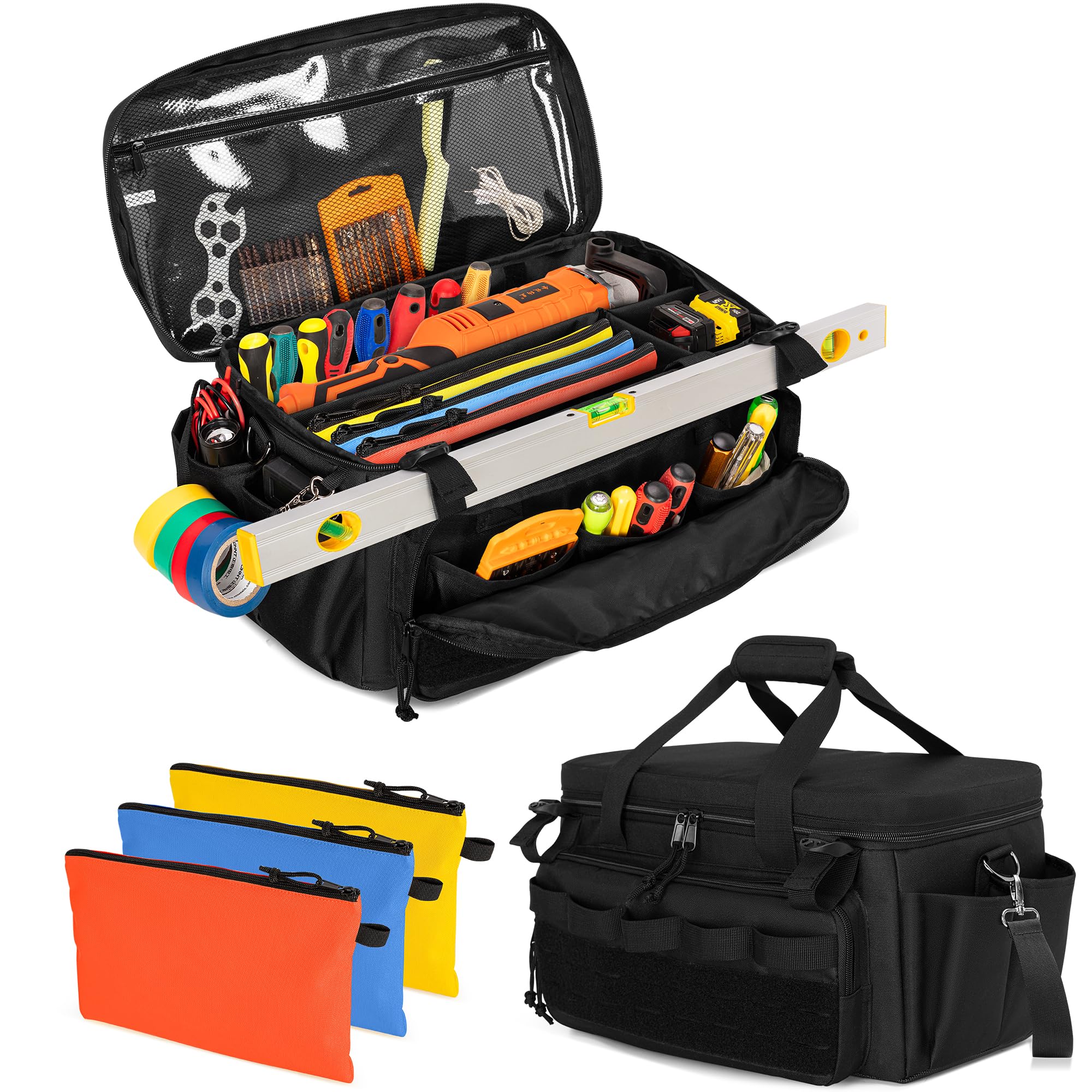 Rexmica 17 Inch Tool Bag and 3 Tool Pouches, Tool Storage Organiser for Men with Anti-friction and Thick Padded Bottom, Tactical Bag, Multi-functional Work Bag for Repairman, Electrician, Carpenter
