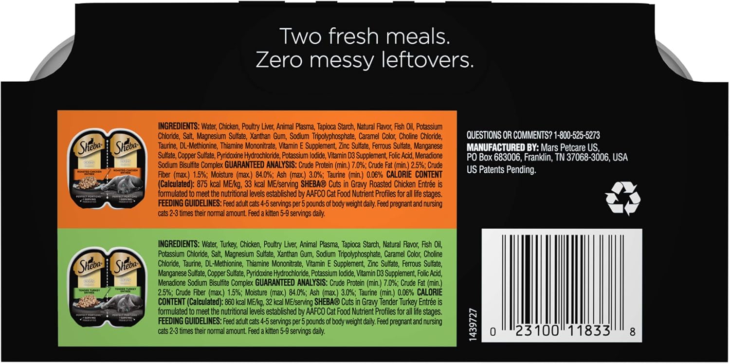 SHEBA PERFECT PORTIONS Soft Wet Cat Food Cuts in Gravy Roasted Chicken Entrée & Tender Turkey Entrée Variety Pack, (12) 2.6 Oz. Easy Peel Twin-Pack Trays: Pet Supplies