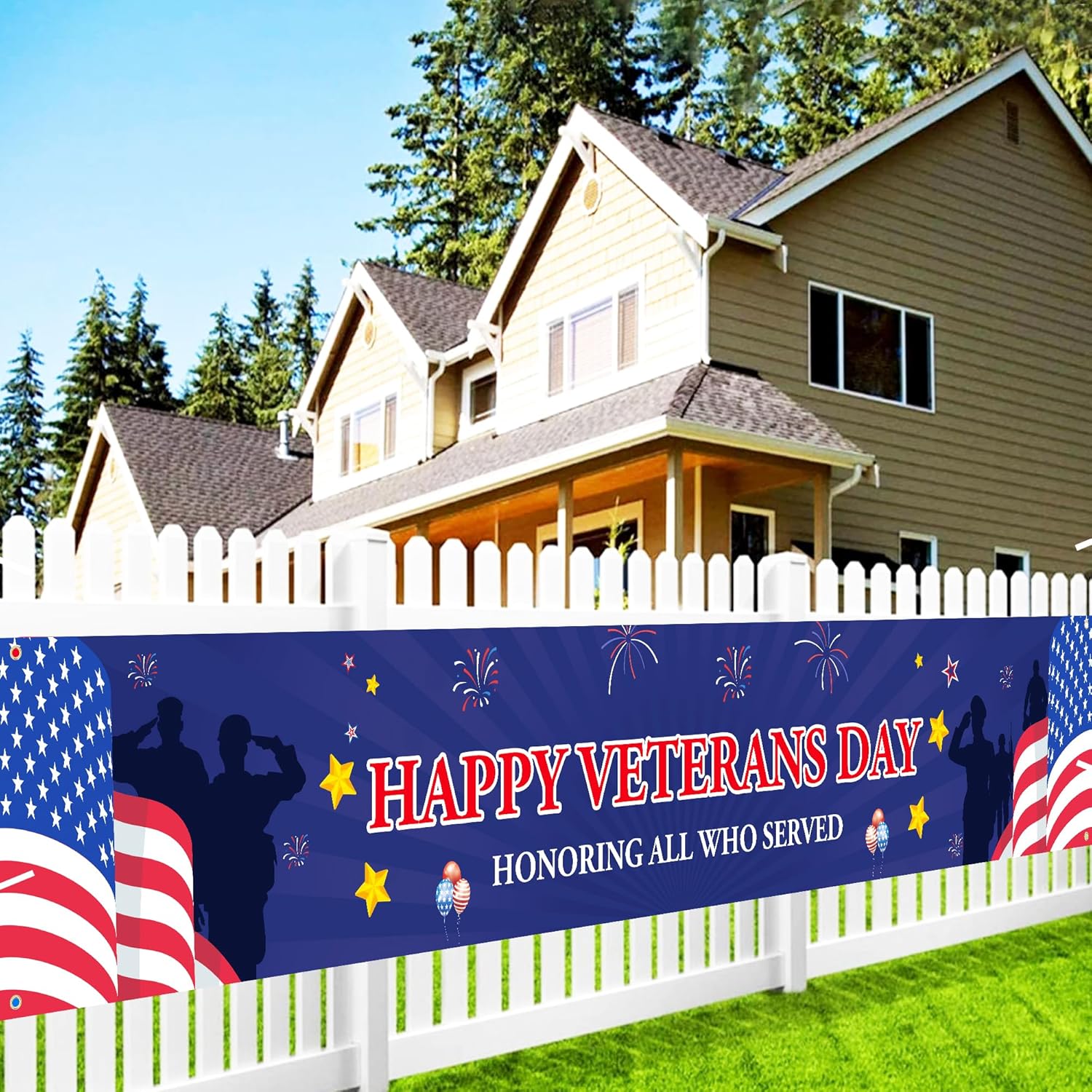 Flags - Veterans Day Banner for Outside Fence, 9.8x1.6ft Happy Veterans Day Banner Outdoor, American Flag Patriotic Soldier Veterans Day Fence Banner Hanging for Yard Decorations