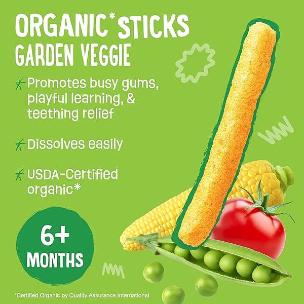 EARTH’S BEST ORGANIC BABY FOOD, DISSOLVABLE TEETHING SNACK FOR BABIES 6 MONTHS AND OLDER, GARDEN VEGGIE CRUNCHY STICKS, .56 OZ PACK (PACK OF 5)