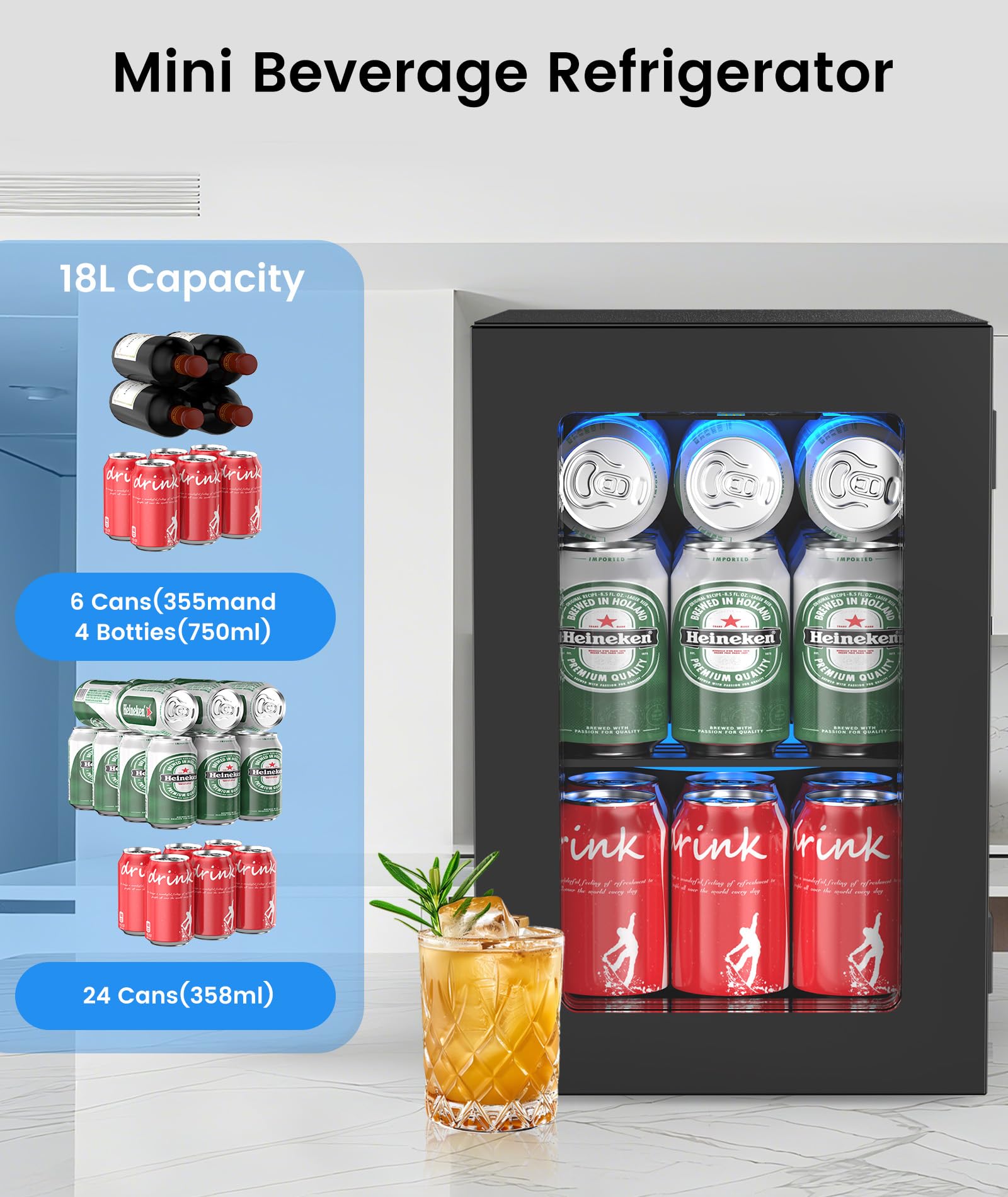 Kismile Mini refrigerador para oficina, enfriador de vino de 18 litros, refrigerador de bebidas pequeño de 0,6 pies cúbicos con control electrónico de temperatura ajustable, luz LED, para dormitorio, oficina
