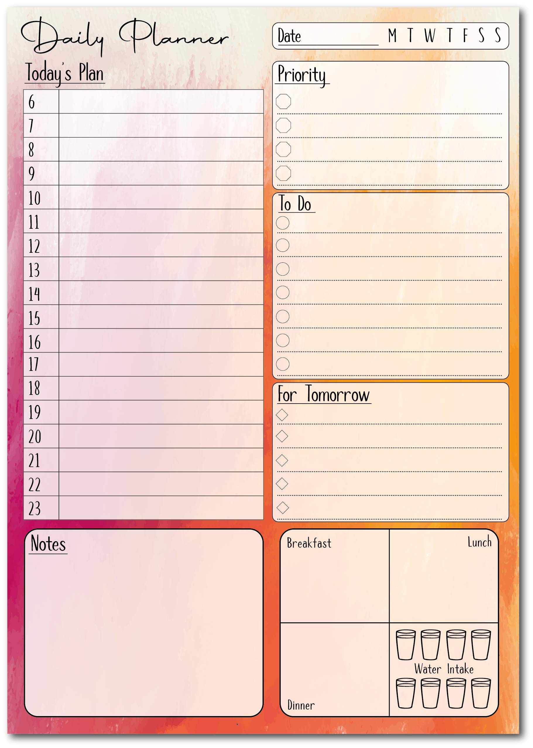 A5 Daily Planner 50 Sheet Note Pad with Schedule, Priority, To Do Lists, Doodle Notes & Meal Organiser (Pink/Orange Fade) — image 1
