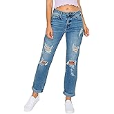 WAX JEAN Women's Boyfriend Jeans with Destructed Blown Knee and Rolled Cuff