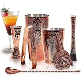 SKY FISH Bartender Kit Cocktail Shaker Set-6 Pieces Stainless Steel Copper Plated Etching Bar Tools with Boston Shaker Tins,Mixing Spoon,Mojito Muddler,Jigger,Hawthorne Strainer,Ice Tongs