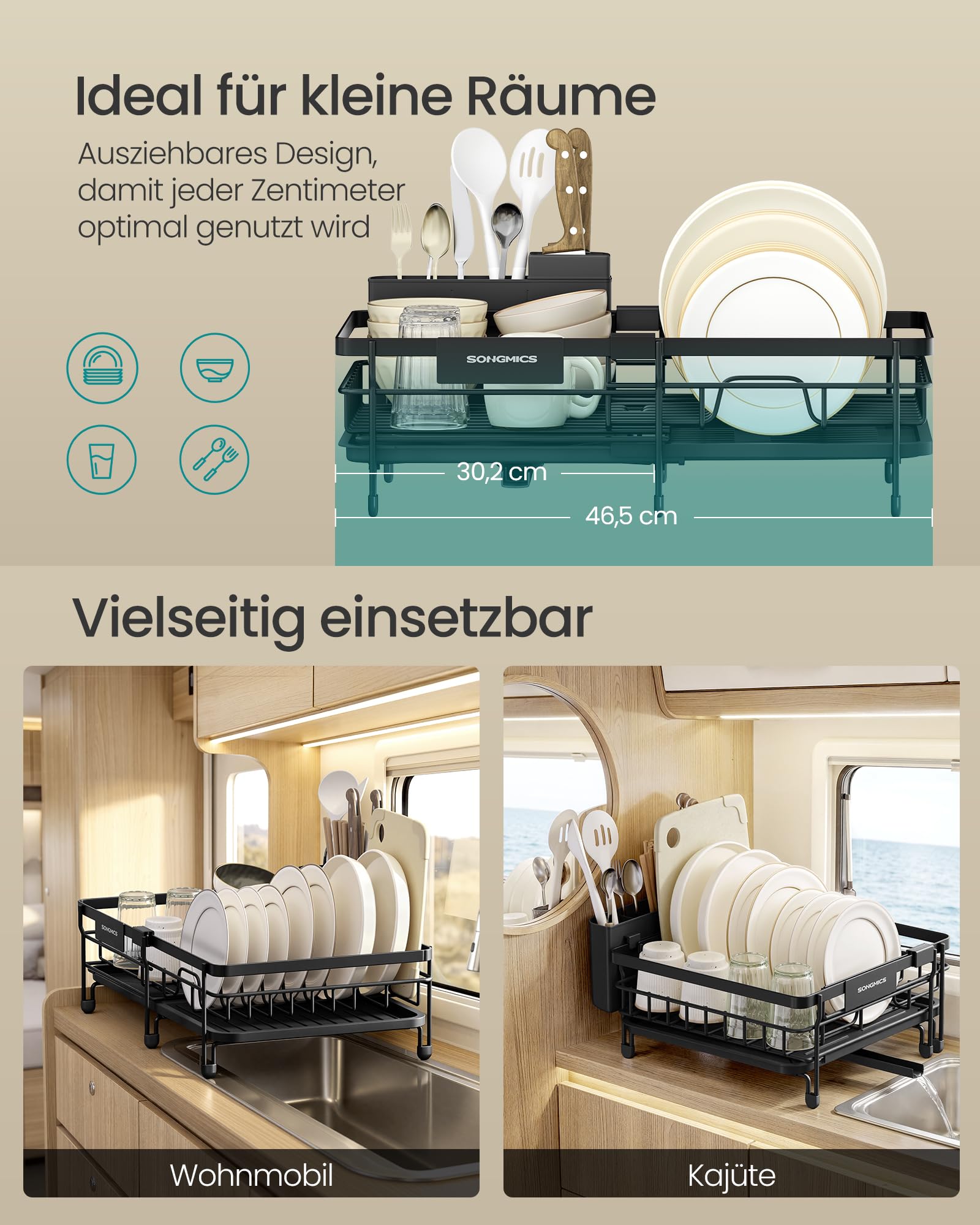 SONGMICS Abtropfgestell Geschirr, für kleine Räume, Geschirr-Abtropfständer ausziehbar, 360° drehbarer und ausziehbarer Ablauf, Stahl, (30,2-46,5) x 29,6 x 14 cm, tintenschwarz KCS556BH01 7