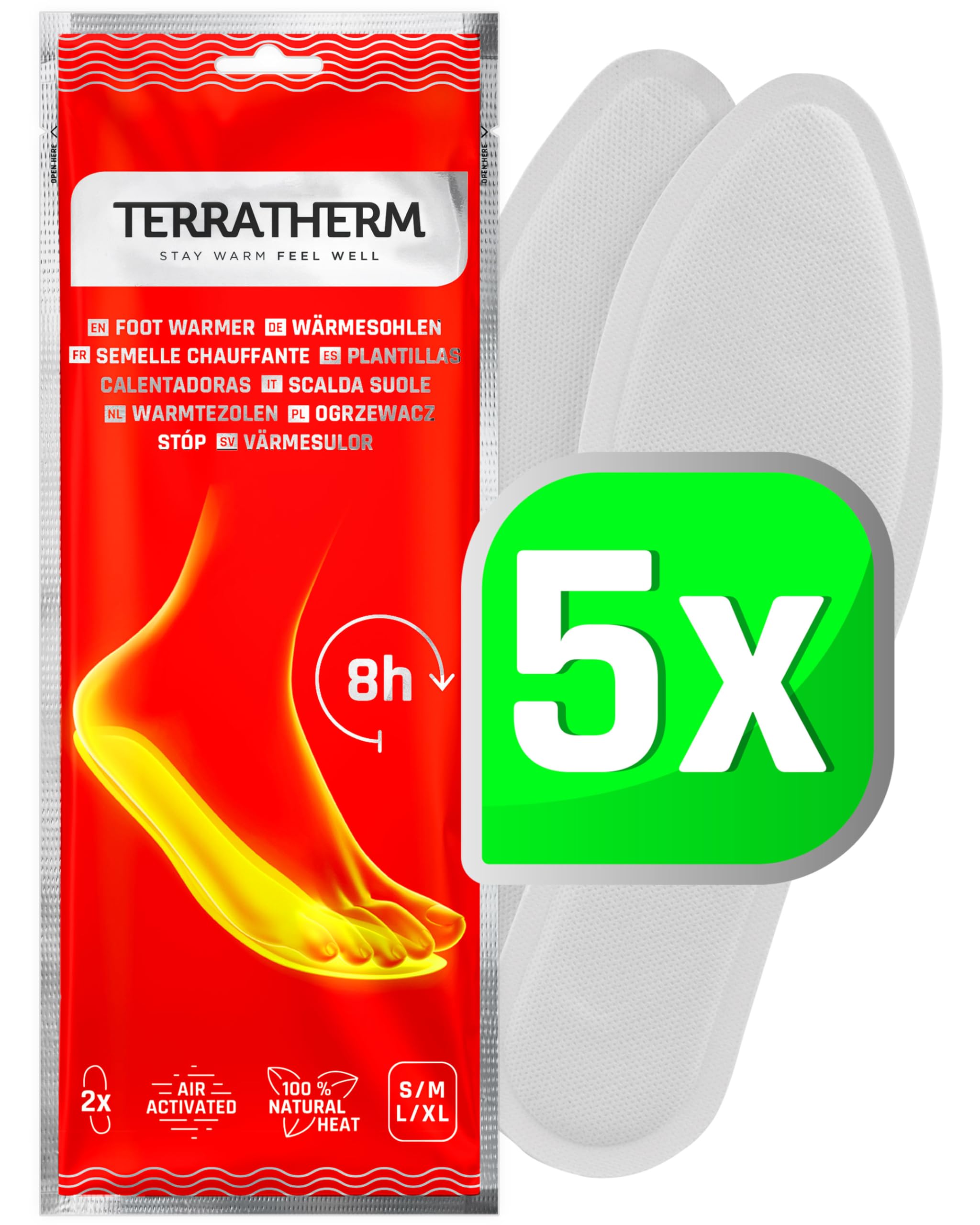 TerraTherm Insole Foot Warmers - Air Activated - 8 hours of warm feet - 5, 10 or 30 Pairs Heated Insoles - 100% natural warmth - 5 Pairs L