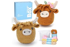 CrochetBox Crochet Kit for Beginner, 2 PCS Highland Cow Easy Learn How to Crochet Stuffed Animals Gift for Adults and Kids(12+), Knitting Set with Yarn Hook Stitch-by-Stitch Video Tutorial
